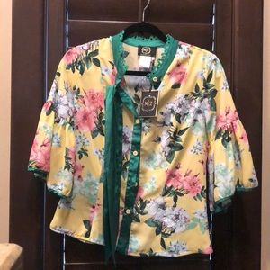 button up floral blouse with 3/4 bell sleeve